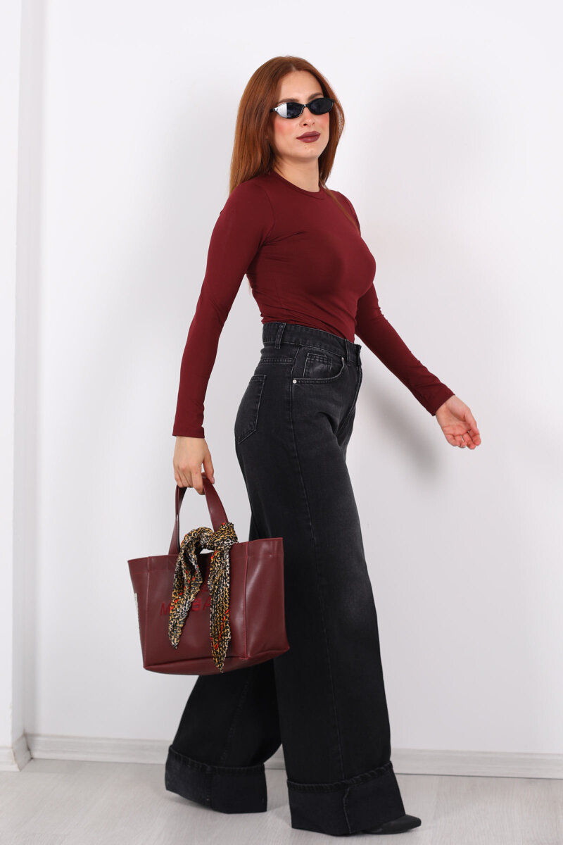 Kıvrık Paça Koyu Füme Kadın Wide Leg Jean - 3