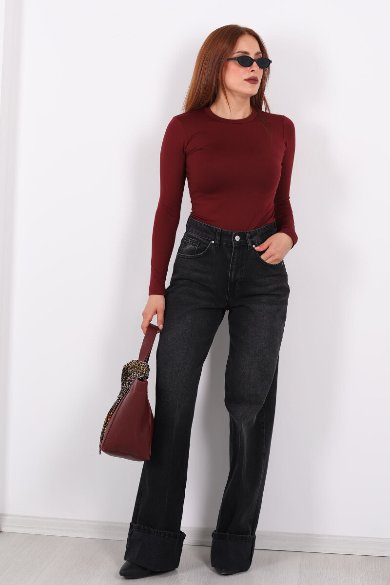 Kıvrık Paça Koyu Füme Kadın Wide Leg Jean - 7