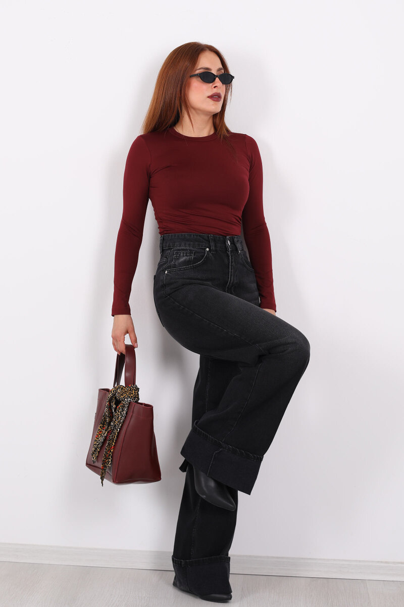 Kıvrık Paça Koyu Füme Kadın Wide Leg Jean - 5