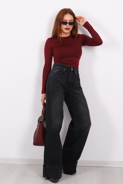 Kıvrık Paça Koyu Füme Kadın Wide Leg Jean - 4