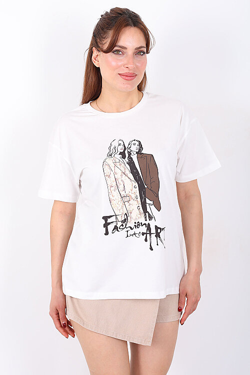 Kız Figürü Baskılı Kadın Ekru T-Shirt - 4