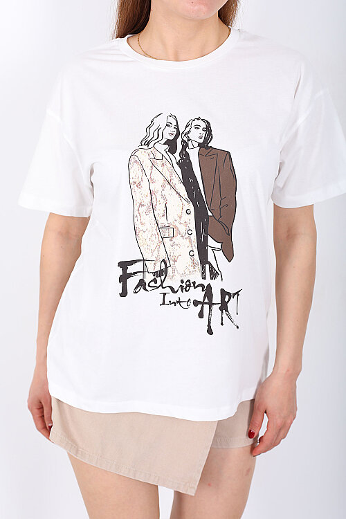 Kız Figürü Baskılı Kadın Ekru T-Shirt - Berox (1)