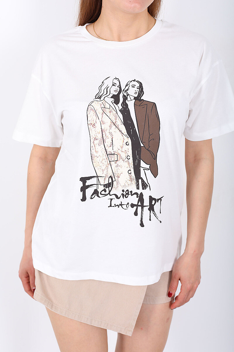 Kız Figürü Baskılı Kadın Ekru T-Shirt - 2