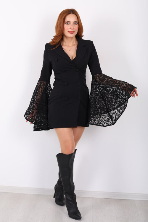 Kol Dantel Detaylı Siyah Kadın Blazer Ceket Elbise - 3