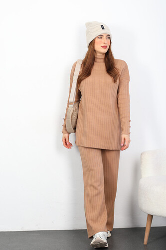 Kol Süs Düğmeli Bol Paça Bej Kadın Triko Takım - 4
