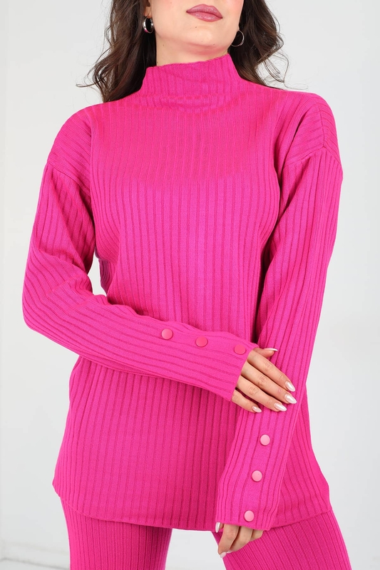 Kol Süs Düğmeli Bol Paça Fuşya Kadın Triko Takım - 2