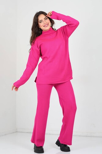 Kol Süs Düğmeli Bol Paça Fuşya Kadın Triko Takım - 3