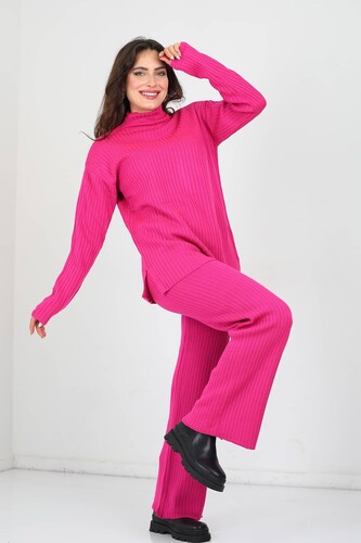 Kol Süs Düğmeli Bol Paça Fuşya Kadın Triko Takım - Berox
