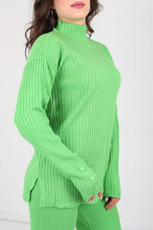 Kol Süs Düğmeli Bol Paça Yeşil Kadın Triko Takım - 2