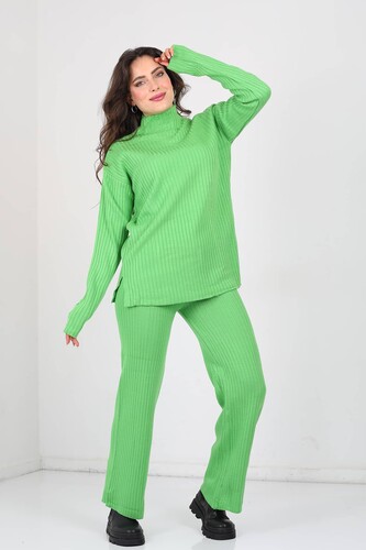 Kol Süs Düğmeli Bol Paça Yeşil Kadın Triko Takım - Berox