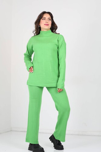 Kol Süs Düğmeli Bol Paça Yeşil Kadın Triko Takım - 3