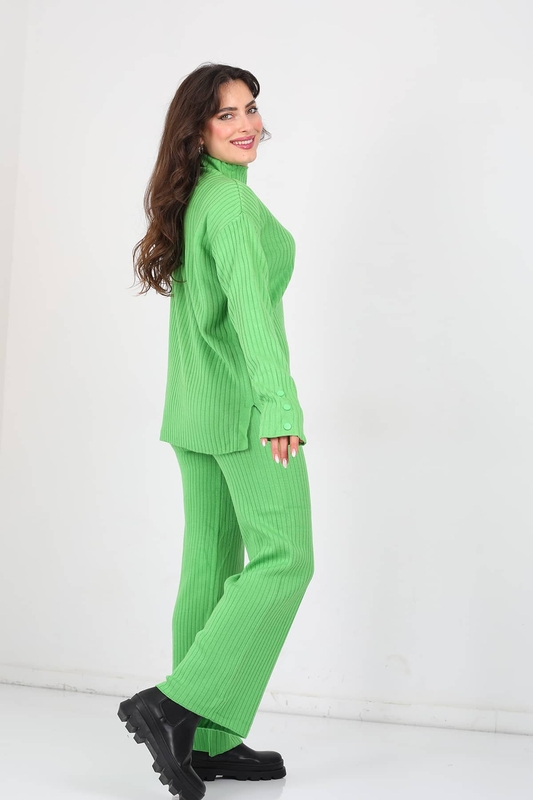 Kol Süs Düğmeli Bol Paça Yeşil Kadın Triko Takım - 4