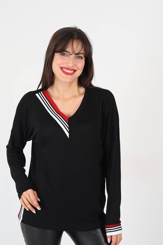 Kol Yaka Şeritli Garnili Siyah Kadın Bluz - Berox