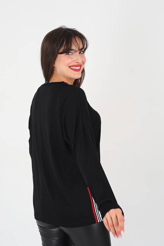 Kol Yaka Şeritli Garnili Siyah Kadın Bluz - 3