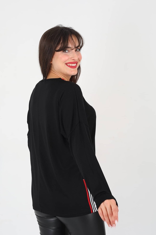 Kol Yaka Şeritli Garnili Siyah Kadın Bluz - 3