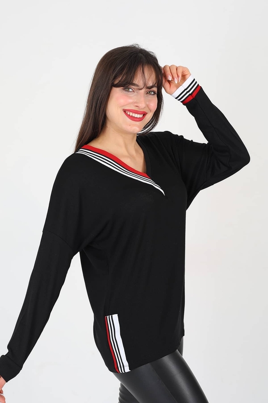 Kol Yaka Şeritli Garnili Siyah Kadın Bluz - 2