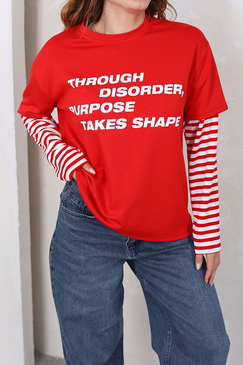 Kolları Çizgili Yazı Baskılı Kırmızı Kadın Oversize Sweatshirt - 2
