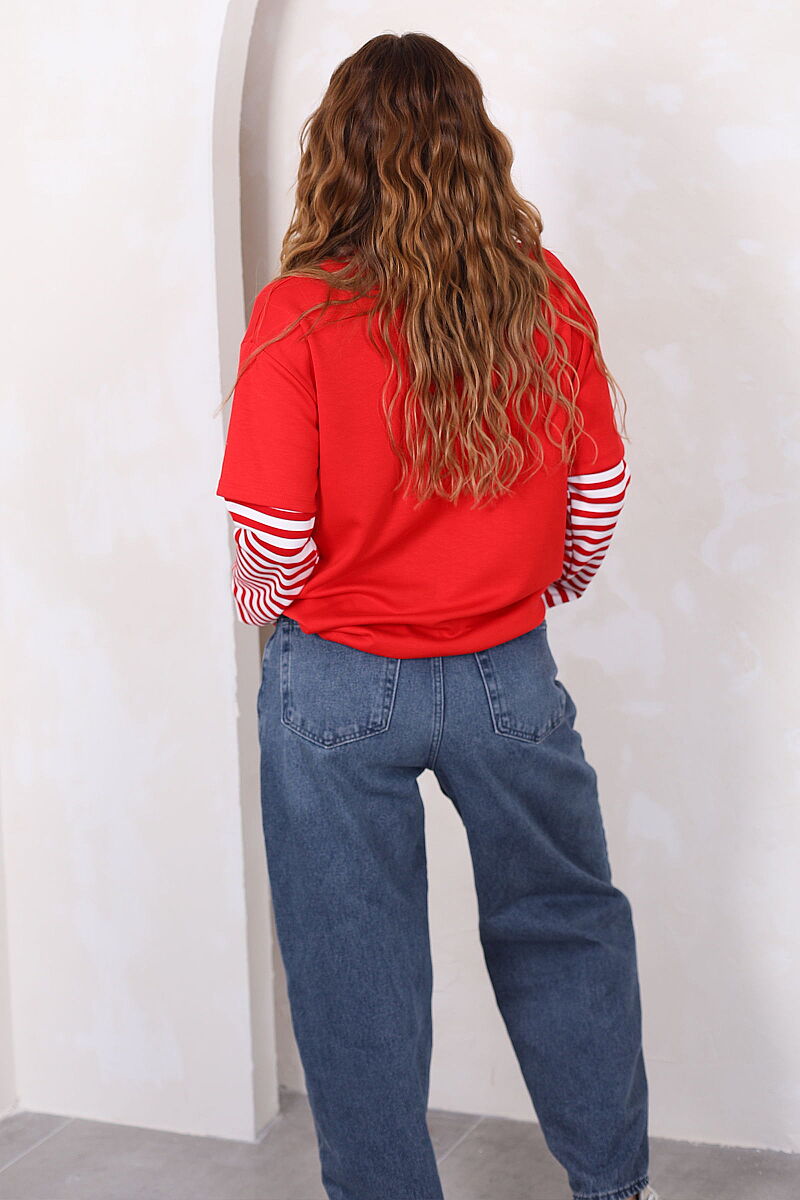 Kolları Çizgili Yazı Baskılı Kırmızı Kadın Oversize Sweatshirt - 5