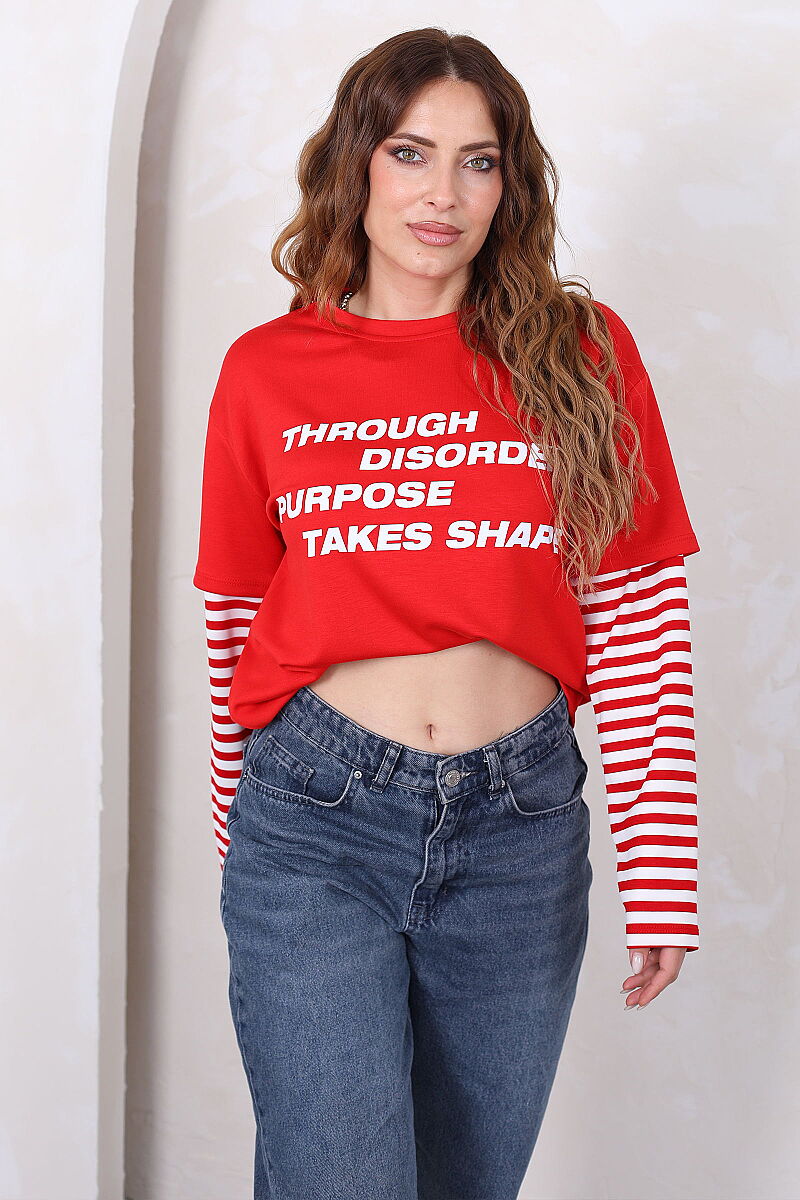 Kolları Çizgili Yazı Baskılı Kırmızı Kadın Oversize Sweatshirt - 6