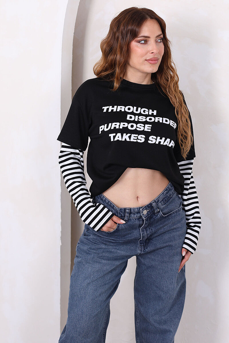 Kolları Çizgili Yazı Baskılı Siyah Kadın Oversize Sweatshirt - 3