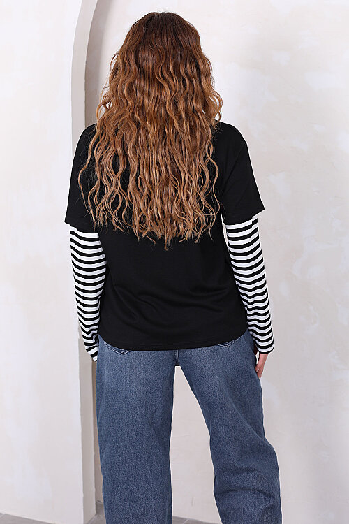 Kolları Çizgili Yazı Baskılı Siyah Kadın Oversize Sweatshirt - 5