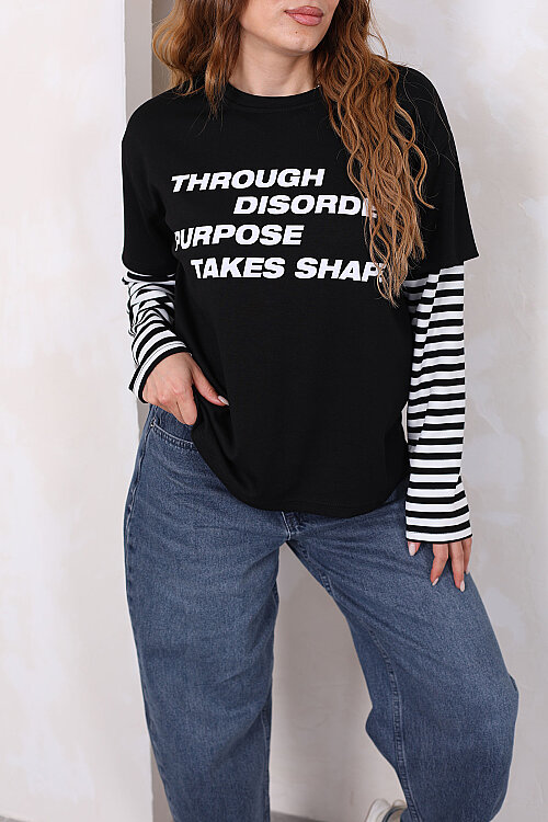 Kolları Çizgili Yazı Baskılı Siyah Kadın Oversize Sweatshirt - Berox (1)