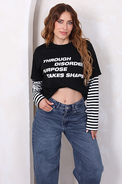 Kolları Çizgili Yazı Baskılı Siyah Kadın Oversize Sweatshirt - 6