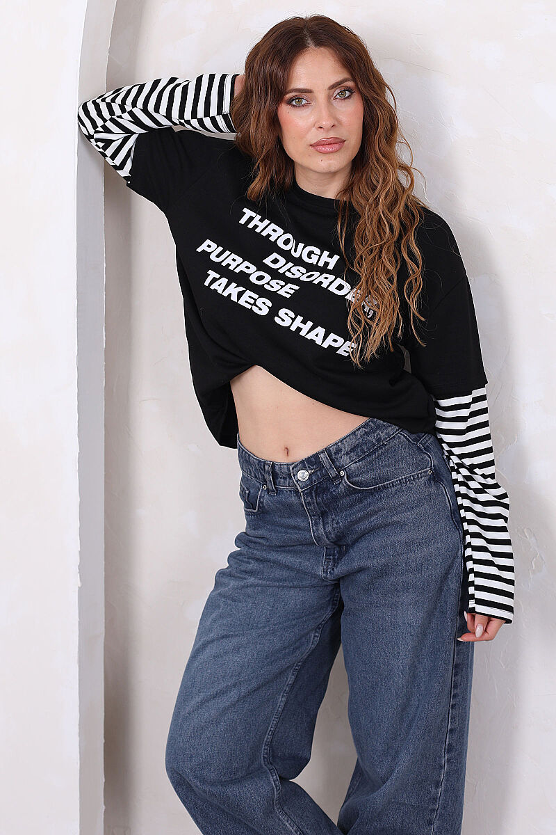 Kolları Çizgili Yazı Baskılı Siyah Kadın Oversize Sweatshirt - 1