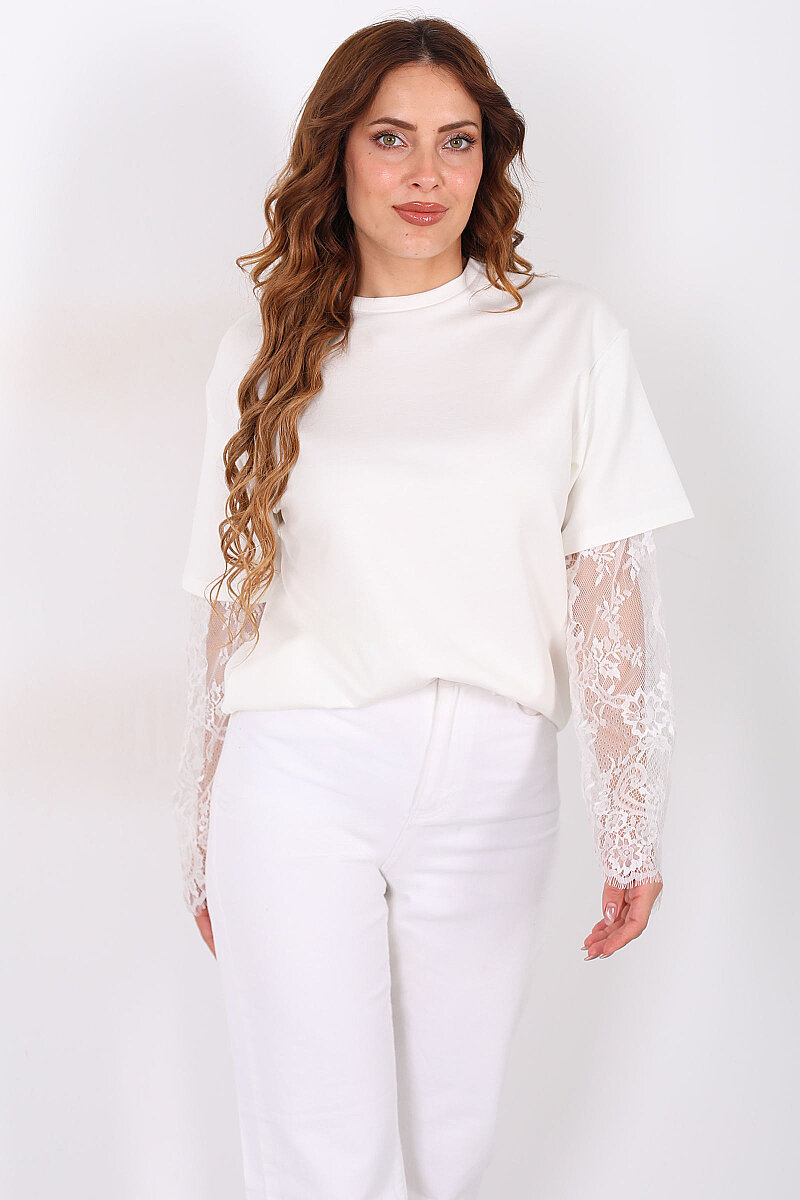 Kolları Dantelli Kadın Beyaz Oversize T-Shirt - 5