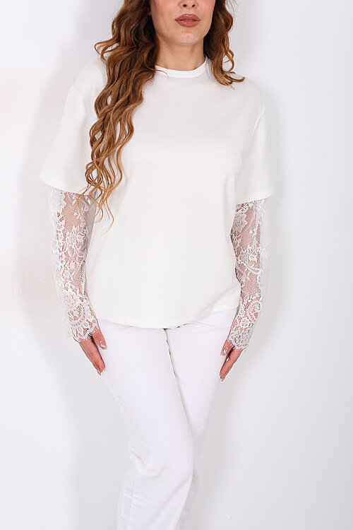 Kolları Dantelli Kadın Beyaz Oversize T-Shirt - Berox (1)