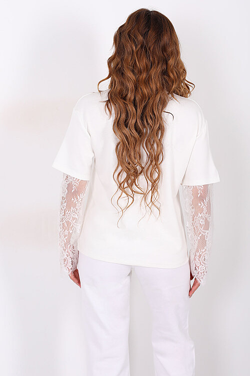 Kolları Dantelli Kadın Beyaz Oversize T-Shirt - 4
