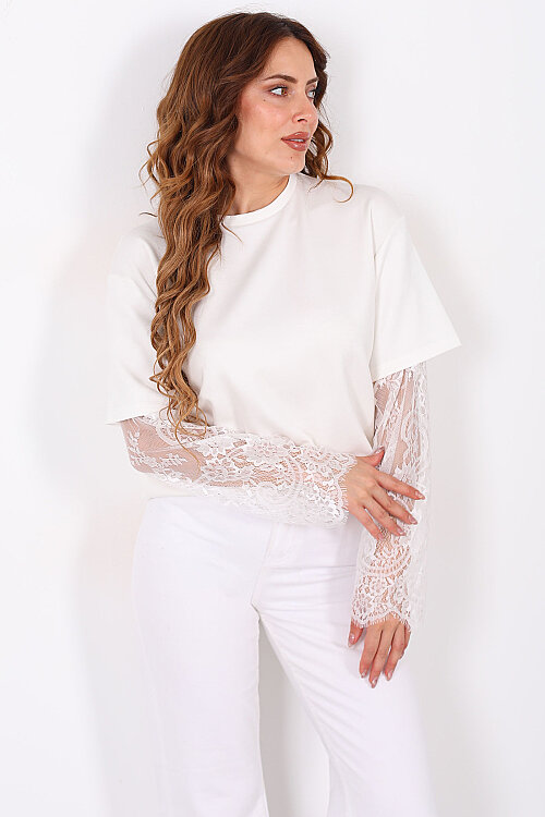 Kolları Dantelli Kadın Beyaz Oversize T-Shirt - Berox