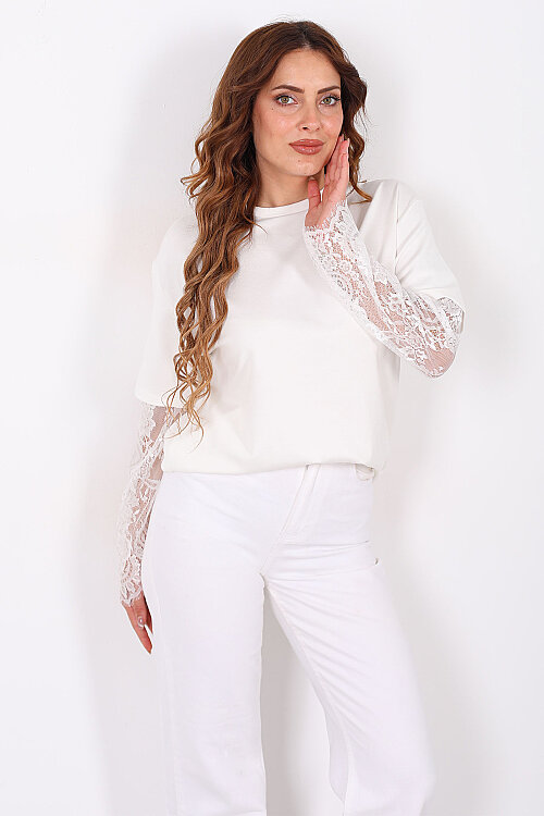 Kolları Dantelli Kadın Beyaz Oversize T-Shirt - 3