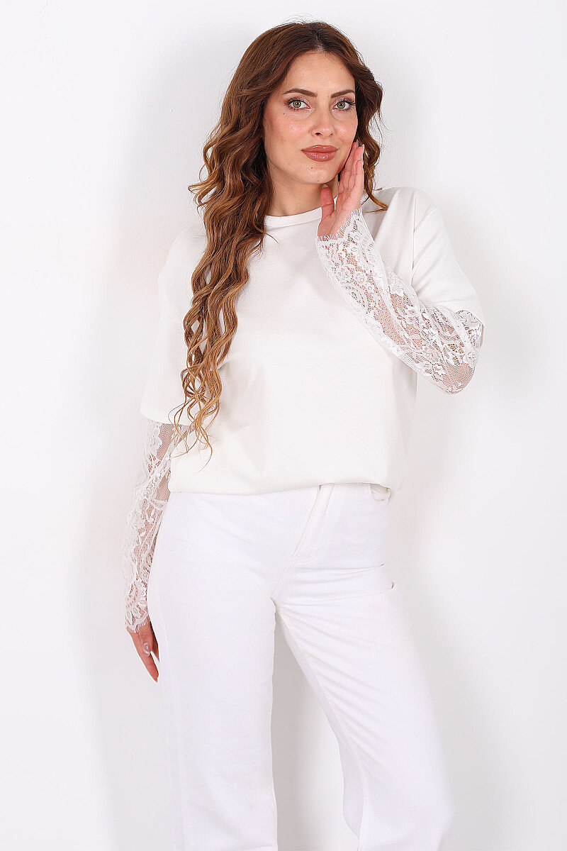 Kolları Dantelli Kadın Beyaz Oversize T-Shirt - 3