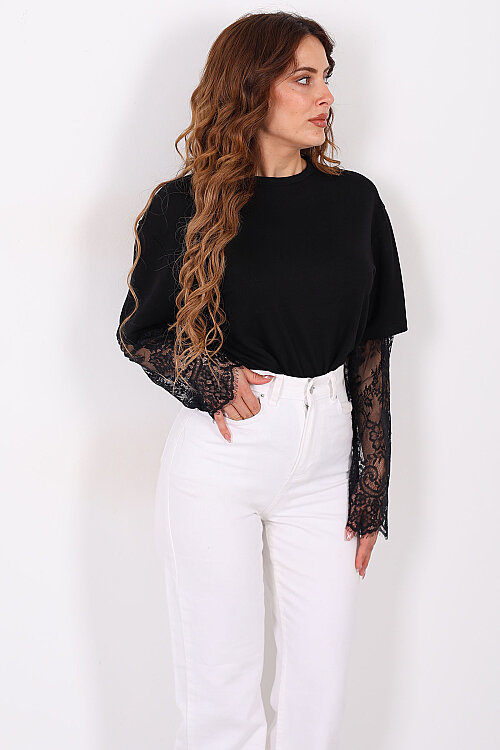Kolları Dantelli Kadın Siyah Oversize T-Shirt - 5