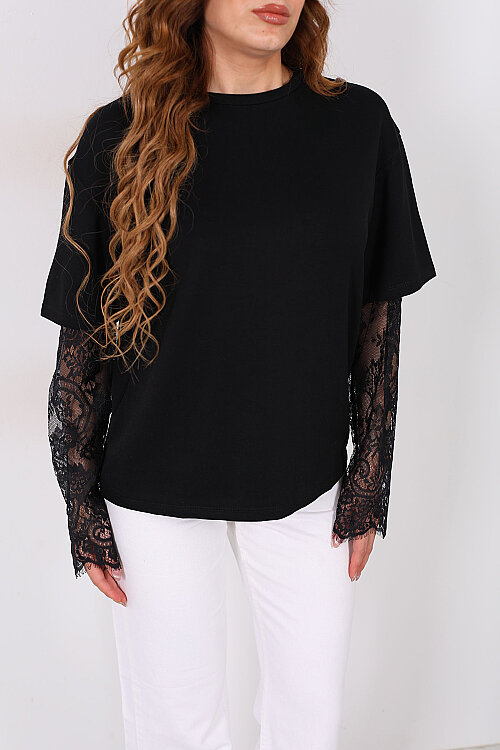 Kolları Dantelli Kadın Siyah Oversize T-Shirt - Berox (1)