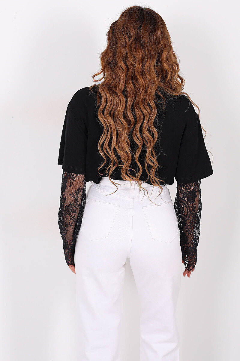 Kolları Dantelli Kadın Siyah Oversize T-Shirt - 4