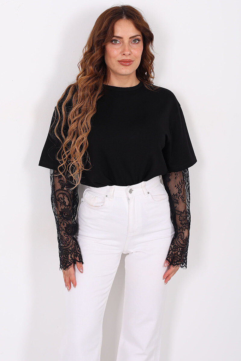 Kolları Dantelli Kadın Siyah Oversize T-Shirt - 3
