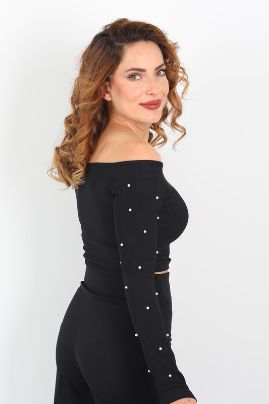 Kolları İncili Madonna Yaka Siyah Kadın Crop - 4