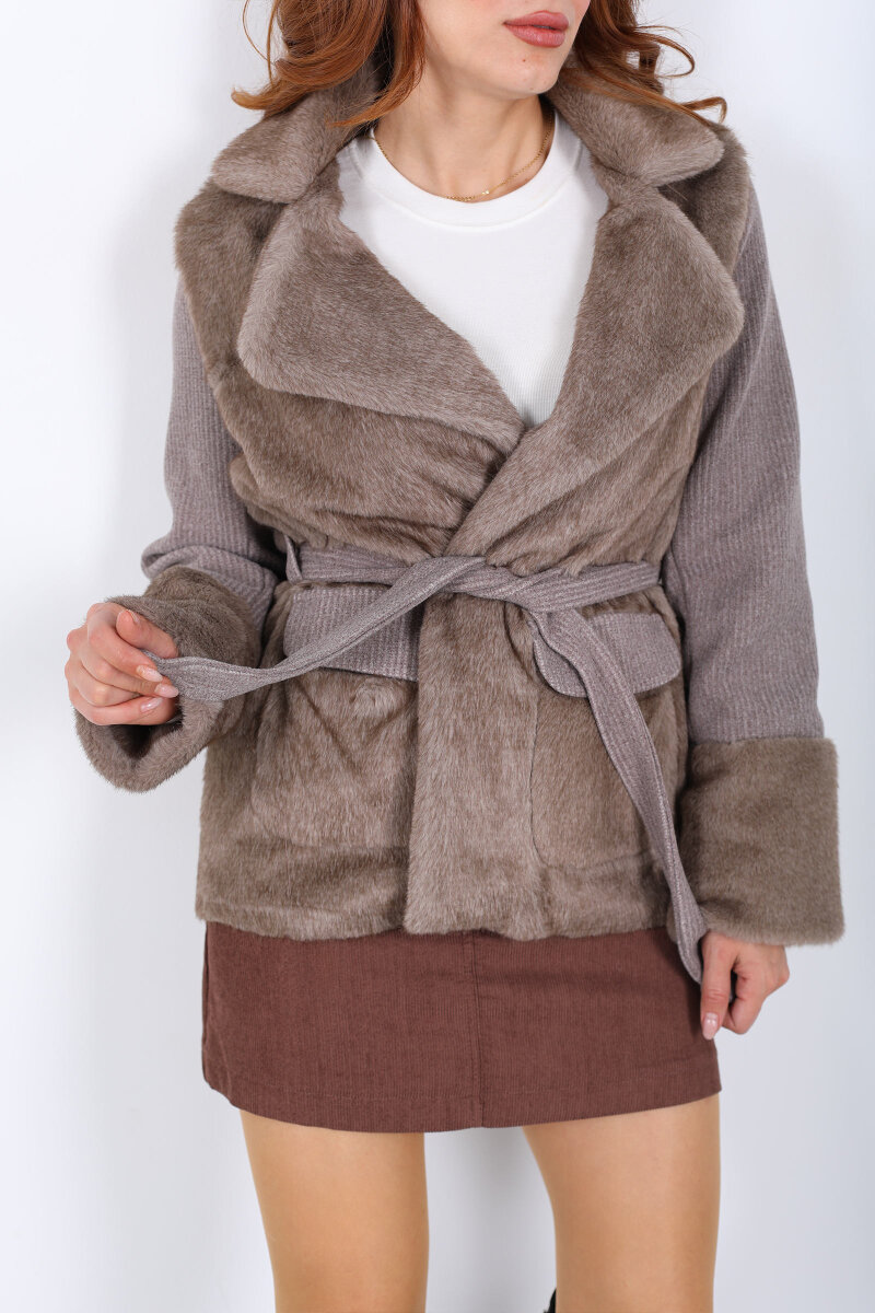 Kolları Örgülü Çift Cepli Kahverengi Kadın Lolita Ceket - 2