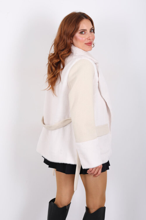 Kolları Örgülü Çift Cepli Krem Kadın Lolita Ceket - 5