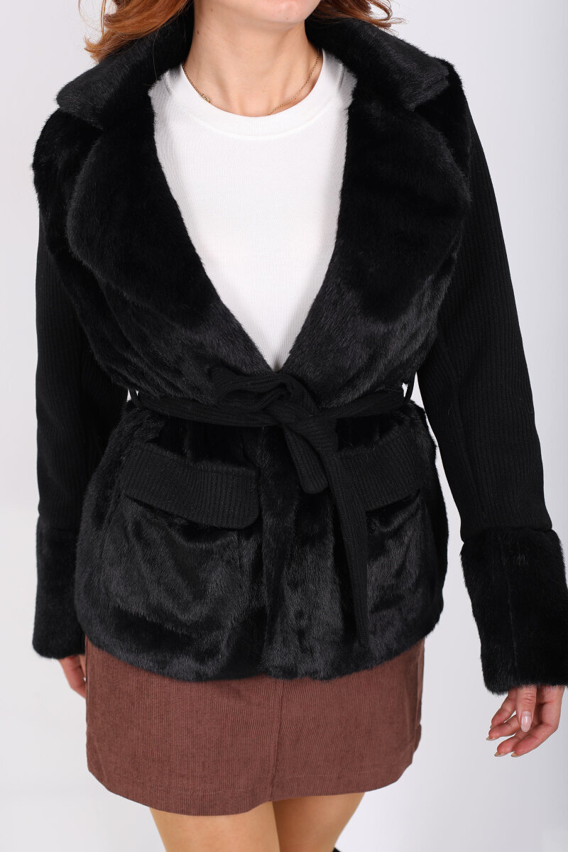 Kolları Örgülü Çift Cepli Siyah Kadın Lolita Ceket - 2