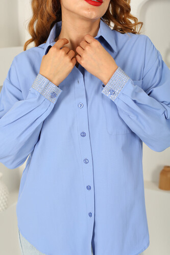 Kolları Taş Detaylı Mavi Kadın Oversize Gömlek - 4
