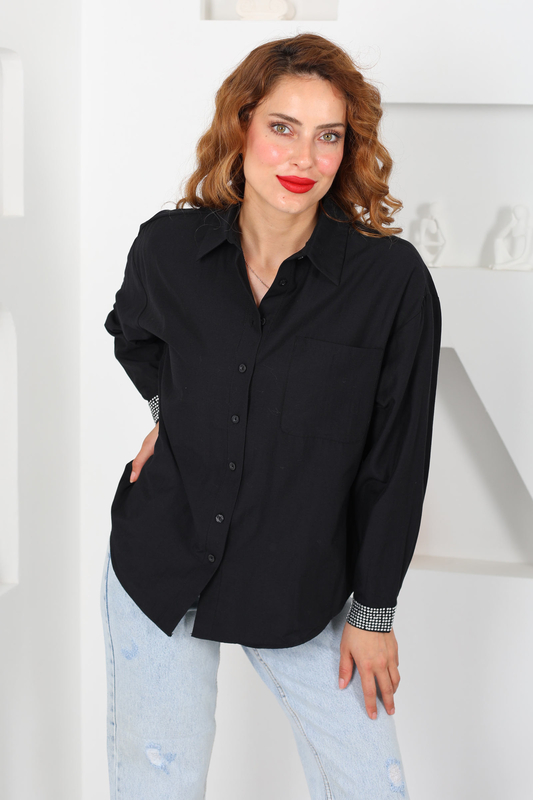 Kolları Taş Detaylı Siyah Kadın Oversize Gömlek - 2