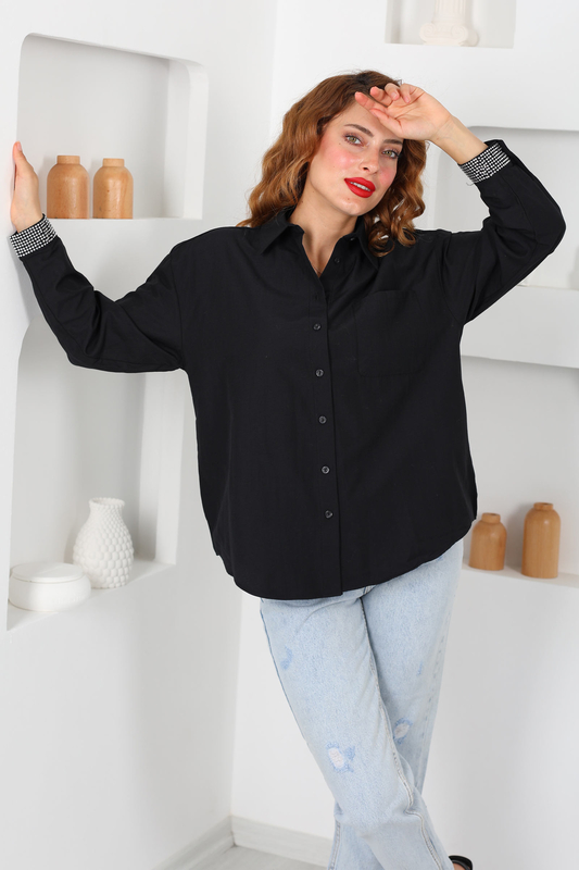Kolları Taş Detaylı Siyah Kadın Oversize Gömlek - 3