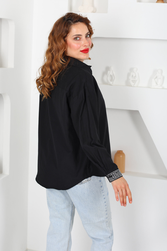 Kolları Taş Detaylı Siyah Kadın Oversize Gömlek - 4