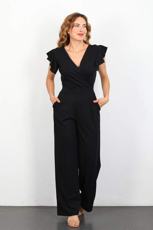 Kolları Volanlı Bol Paça Siyah Kadın Tulum - 1