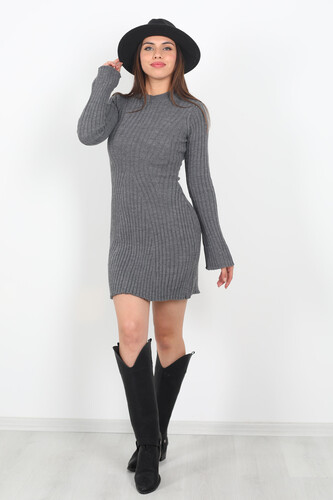 Kolları Yırtmaçlı Kadın Antrasit Fitilli Triko Elbise - Berox