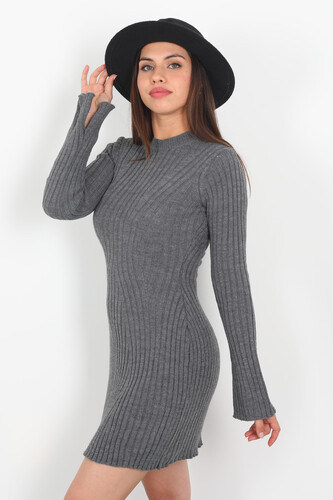 Kolları Yırtmaçlı Kadın Antrasit Fitilli Triko Elbise - 3