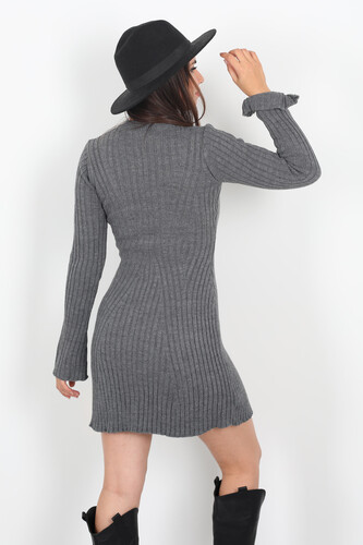 Kolları Yırtmaçlı Kadın Antrasit Fitilli Triko Elbise - 5